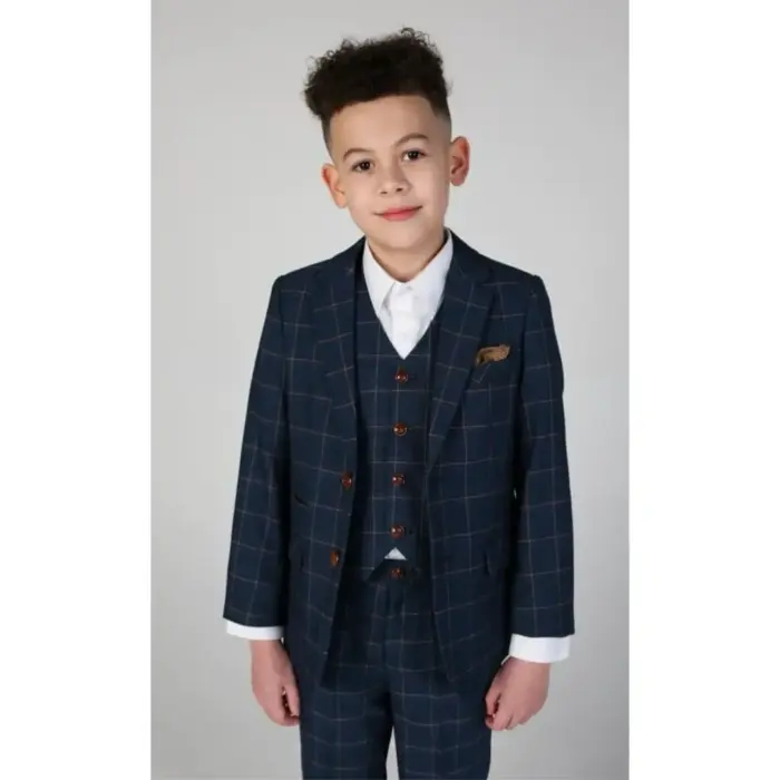 Boys 3 Piece Suit Blue Orange Check - Image 1