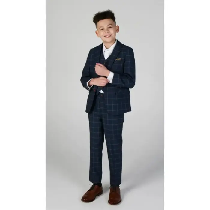 Boys 3 Piece Suit Blue Orange Check - Image 2