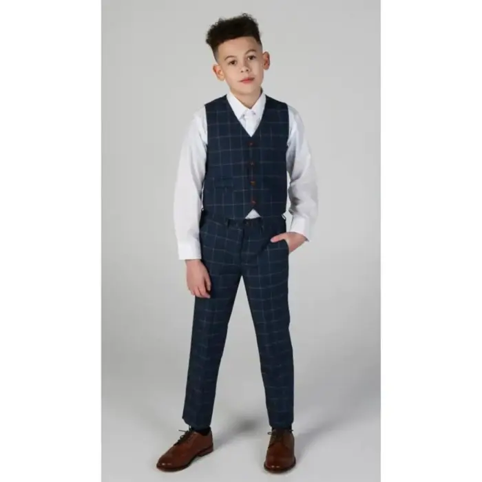 Boys 3 Piece Suit Blue Orange Check - Image 5