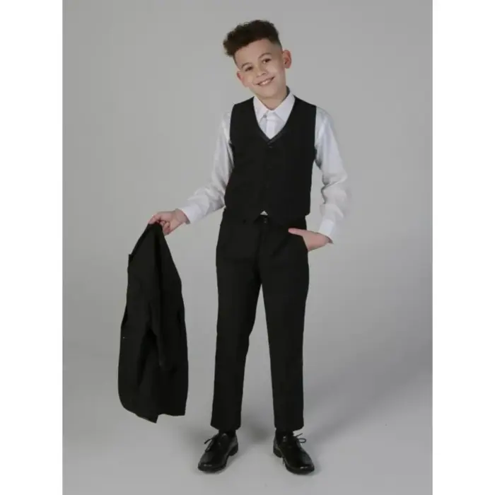 Boys 3 Piece Black Classic Satin Tuxedo Dinner Suit Wedding - Image 5