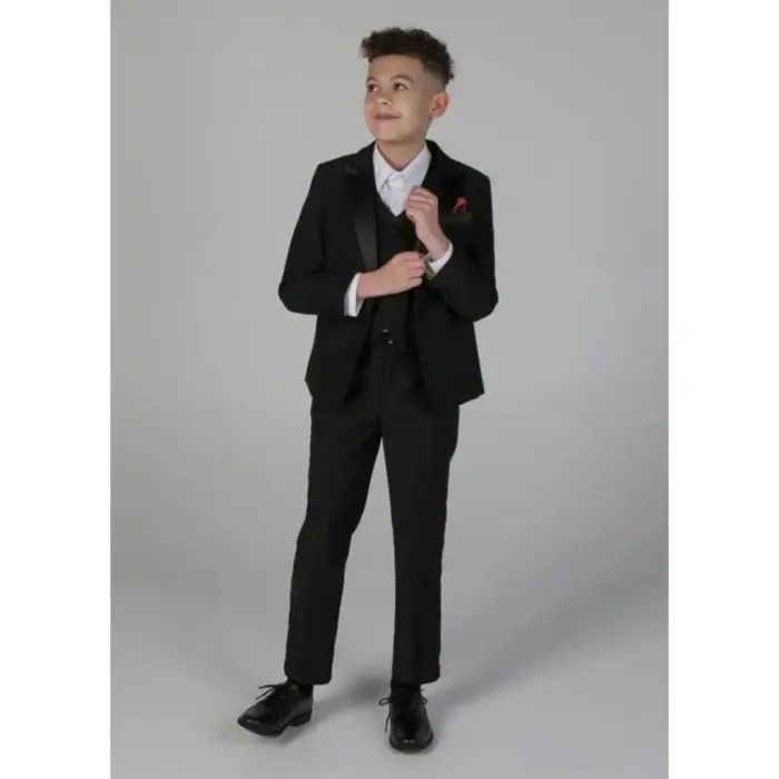Boys 3 Piece Black Classic Satin Tuxedo Dinner Suit Wedding - Image 3