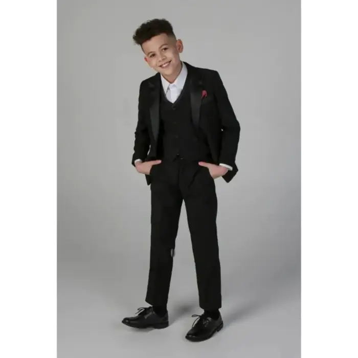 Boys 3 Piece Black Classic Satin Tuxedo Dinner Suit Wedding - Image 2