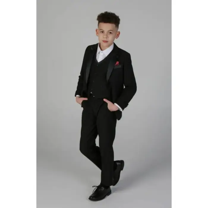 Boys 3 Piece Black Classic Satin Tuxedo Dinner Suit Wedding - Image 1