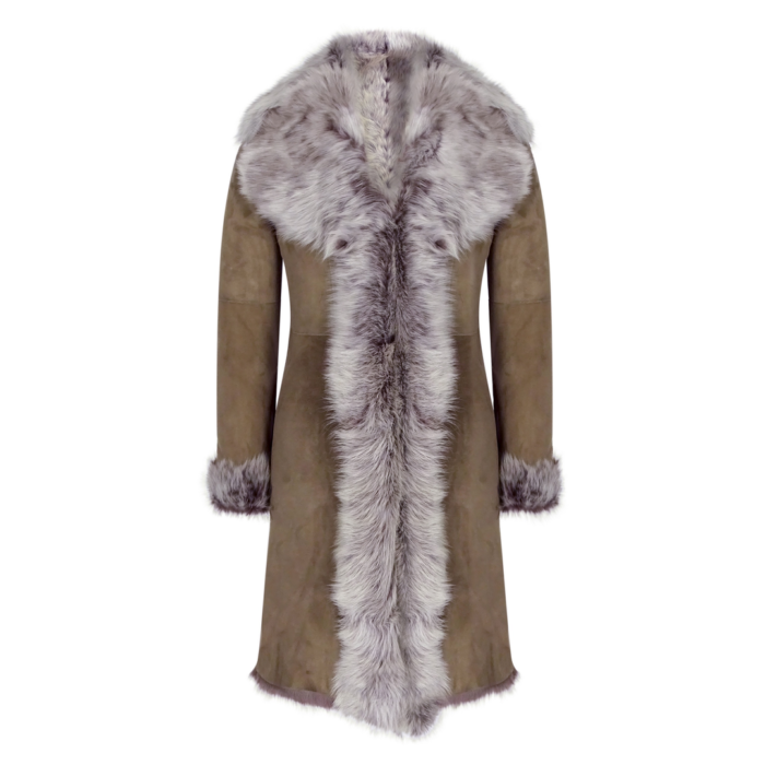 Taupe 3/4 Length Ladies Suede Real Toscana Sheepskin Coat Tailored Fit - Image 1