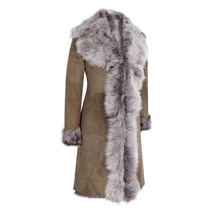 Taupe 3/4 Length Ladies Suede Real Toscana Sheepskin Coat Tailored Fit - Image 2