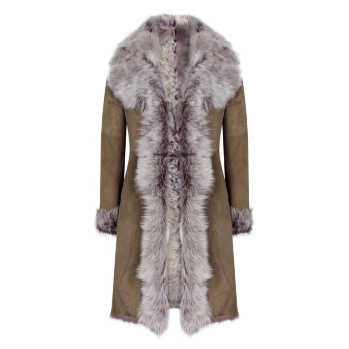 Taupe 3/4 Length Ladies Suede Real Toscana Sheepskin Coat Tailored Fit - Image 4