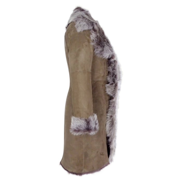 Taupe 3/4 Length Ladies Suede Real Toscana Sheepskin Coat Tailored Fit - Image 6