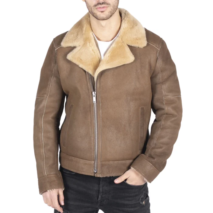 Mens Genuine Sheepskin Leather Cross Zip Flying Aviator Jacket Camel Brown Fur - Image 1