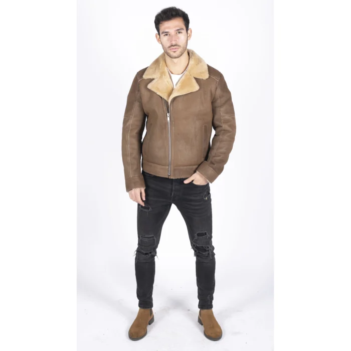 Mens Genuine Sheepskin Leather Cross Zip Flying Aviator Jacket Camel Brown Fur - Image 2