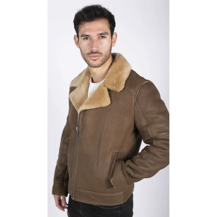 Mens Genuine Sheepskin Leather Cross Zip Flying Aviator Jacket Camel Brown Fur - Image 5