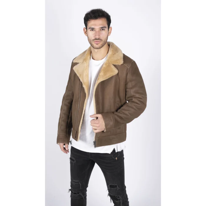 Mens Genuine Sheepskin Leather Cross Zip Flying Aviator Jacket Camel Brown Fur - Image 4