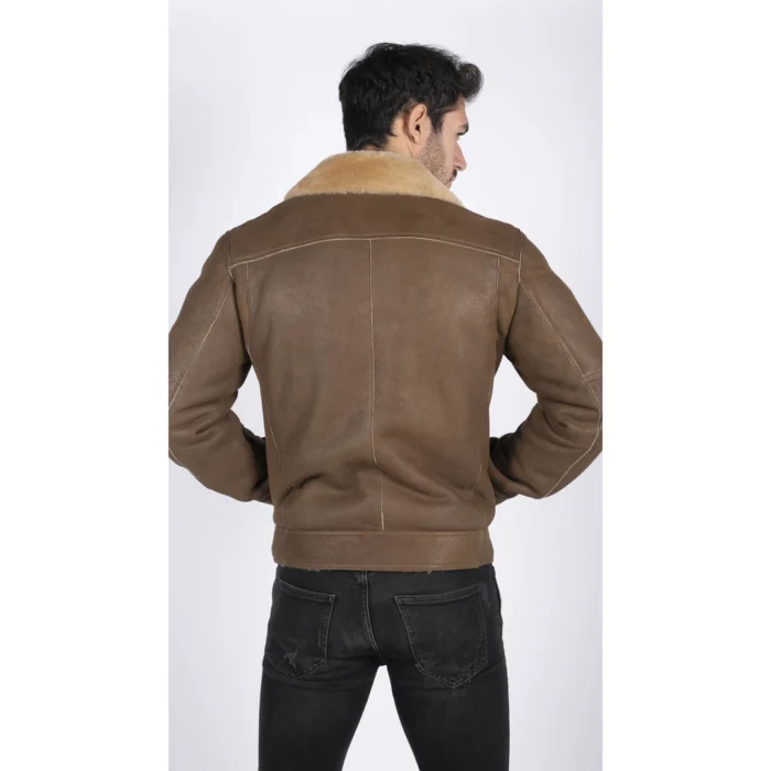 Mens Genuine Sheepskin Leather Cross Zip Flying Aviator Jacket Camel Brown Fur - Image 3
