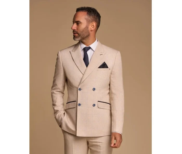Men's Blazer Beige Double Breasted Tailored Fit Suit Jacket - Image 1