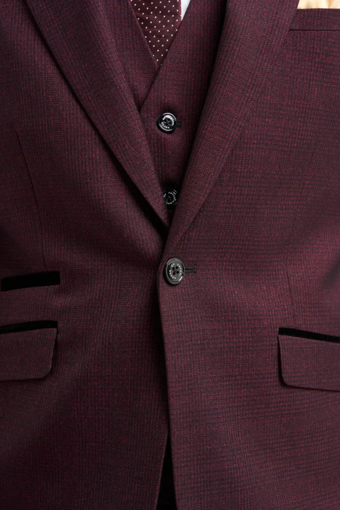 Men's Blazer Burgundy Checked Tailored Fit Formal Suit Jacket - Image 3