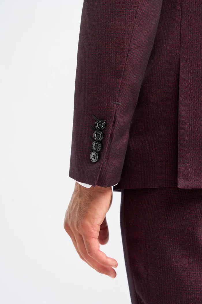 Men's Blazer Burgundy Checked Tailored Fit Formal Suit Jacket - Image 4