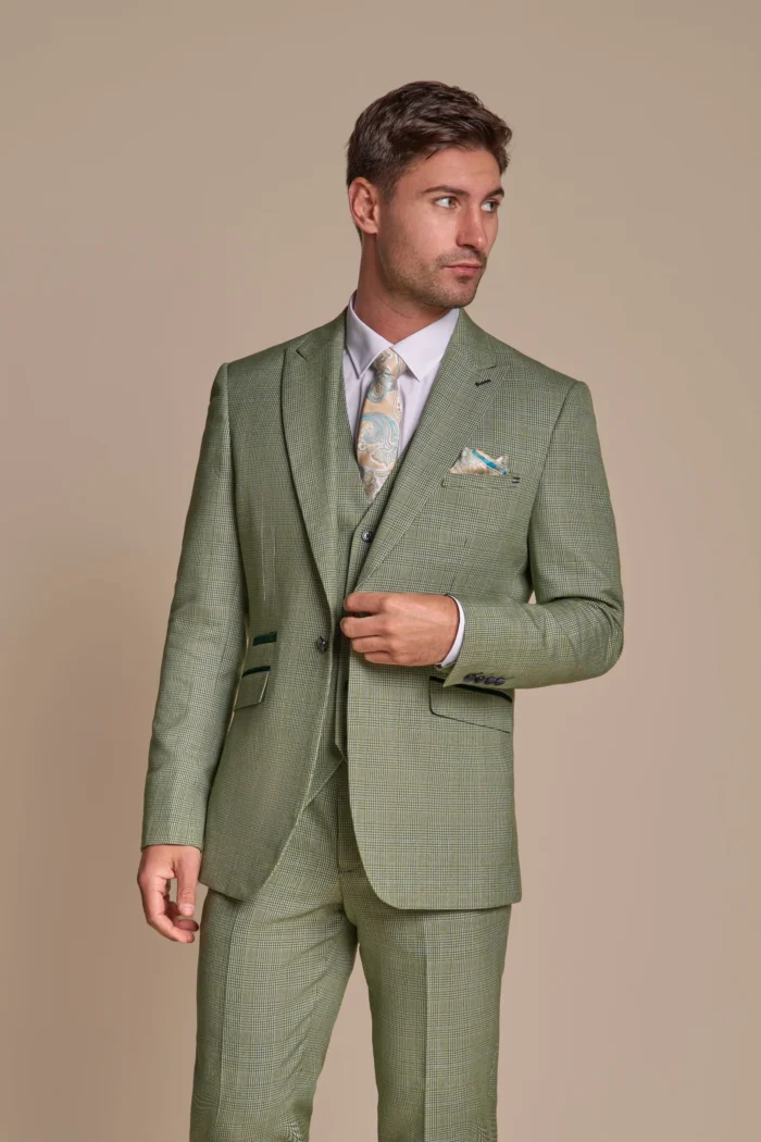 Men's Blazer Sage Green Checked Tailored Fit Formal Suit Jacket - Image 1