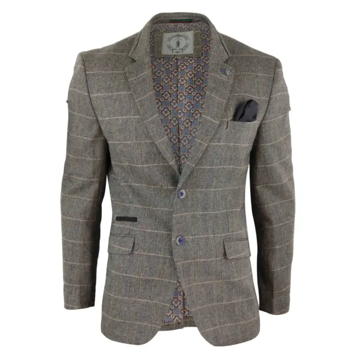 Mens Tweed Herringbone Check Brown Vintage Fit Blinders Blazer - Image 1
