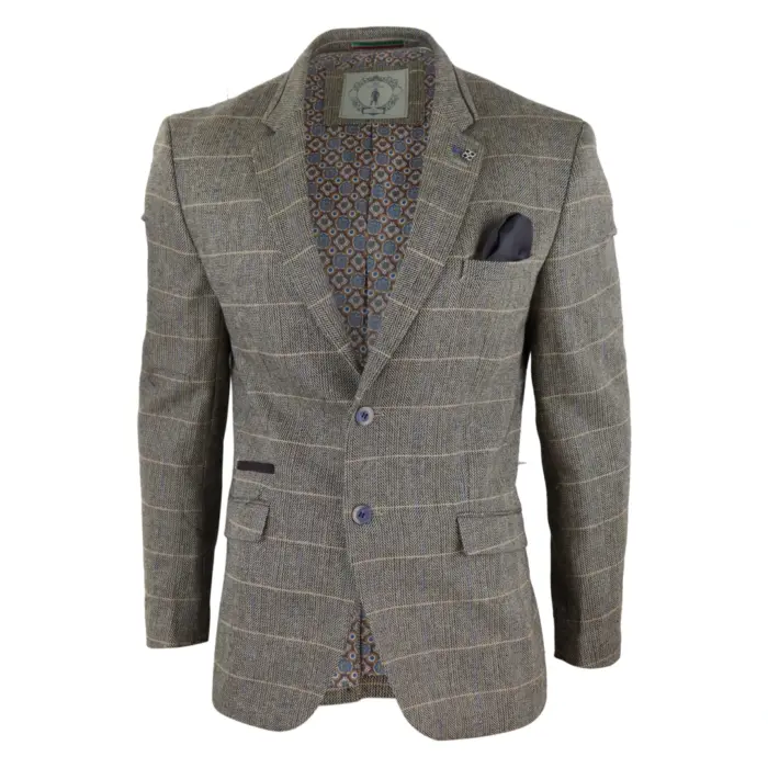 Mens Tweed Herringbone Check Brown Vintage Fit Blinders Blazer - Image 2