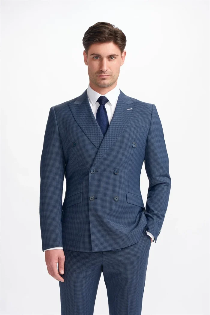 Men's Suit Navy Check 2 Piece Double Breasted Tailored Fit Formal Wedding Dress - Image 1