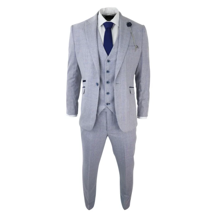 Mens 3 Piece Check Suit Tweed Light Blue Tailored Fit Wedding Peaky Classic - Image 2