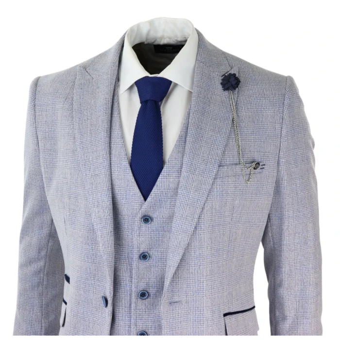 Mens 3 Piece Check Suit Tweed Light Blue Tailored Fit Wedding Peaky Classic - Image 3
