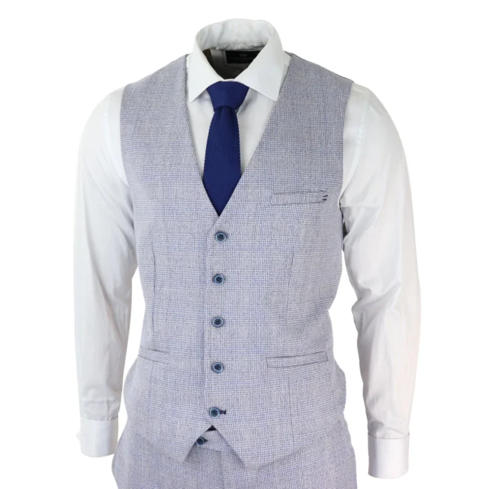 Mens 3 Piece Check Suit Tweed Light Blue Tailored Fit Wedding Peaky Classic - Image 5
