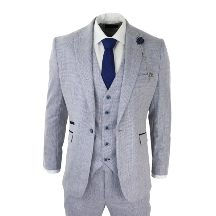 Mens 3 Piece Check Suit Tweed Light Blue Tailored Fit Wedding Peaky Classic - Image 1