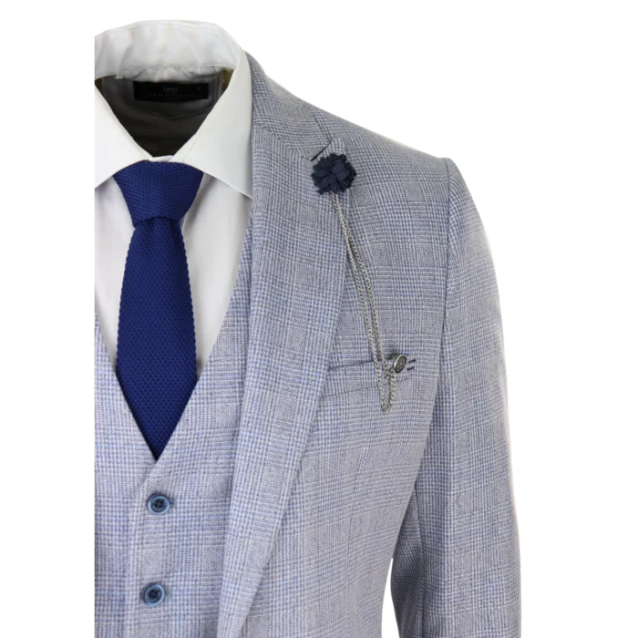 Mens 3 Piece Check Suit Tweed Light Blue Tailored Fit Wedding Peaky Classic - Image 4