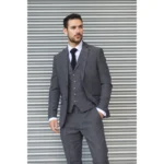 Men's Suit Grey 3 Piece Herringbone Tweed Wool Blend Classic Formal Dress - Image 2