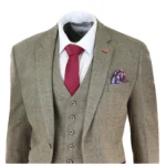 Mens Tweed Check Olive Green Wine Suit Tailored Fit Wedding - Image 3