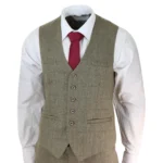 Mens Tweed Check Olive Green Wine Suit Tailored Fit Wedding - Image 5