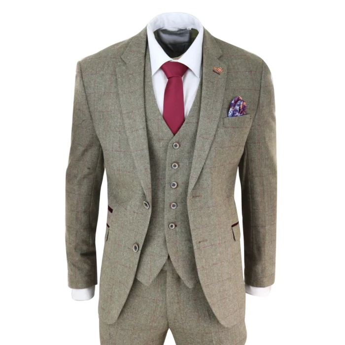 Mens Tweed Check Olive Green Wine Suit Tailored Fit Wedding - Image 1