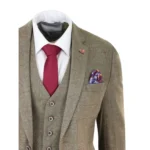 Mens Tweed Check Olive Green Wine Suit Tailored Fit Wedding - Image 4