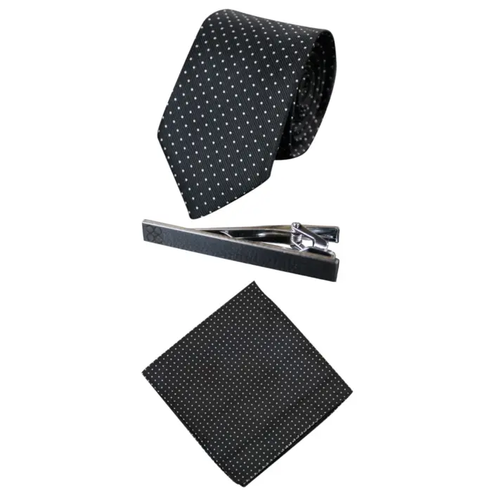 Mens Matching Satin Silk Tie Hanky Hankerchief & Tie Clip Polka Dot Wedding Prom Office - Image 2