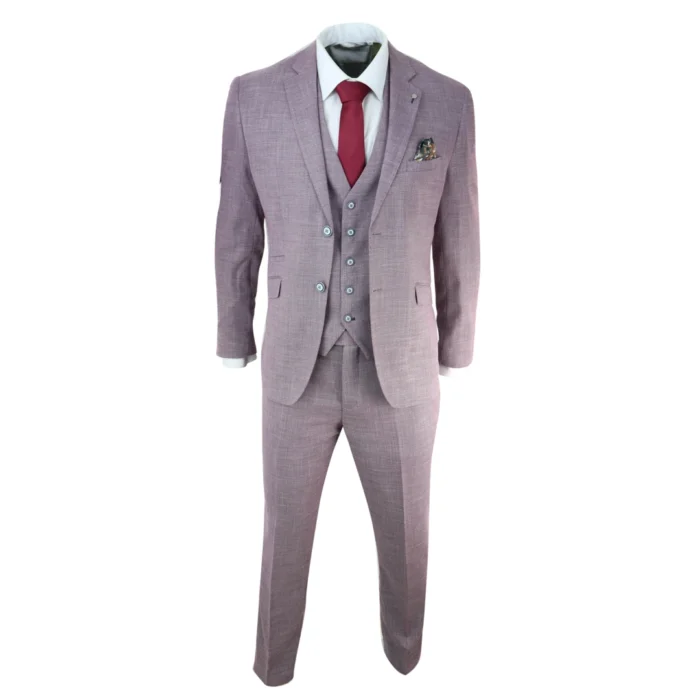 Mens 3 Piece Suit Blush Pink Summer Linen Tailored Fit Wedding Prom Classic - Image 2