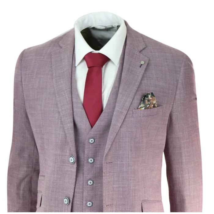 Mens 3 Piece Suit Blush Pink Summer Linen Tailored Fit Wedding Prom Classic - Image 3
