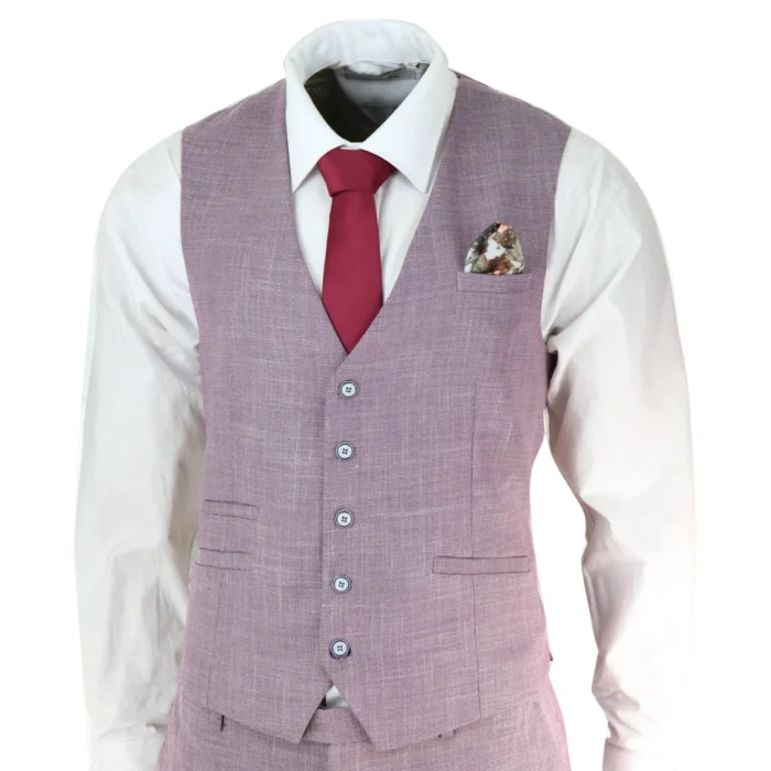 Mens 3 Piece Suit Blush Pink Summer Linen Tailored Fit Wedding Prom Classic - Image 5