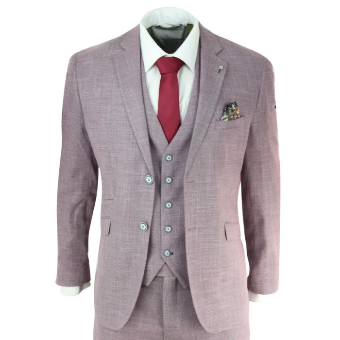 Mens 3 Piece Suit Blush Pink Summer Linen Tailored Fit Wedding Prom Classic - Image 1