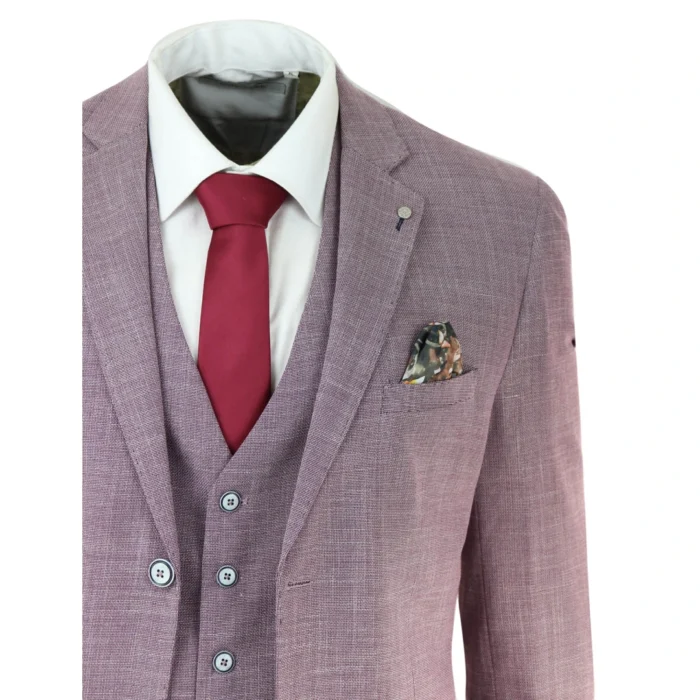 Mens 3 Piece Suit Blush Pink Summer Linen Tailored Fit Wedding Prom Classic - Image 4
