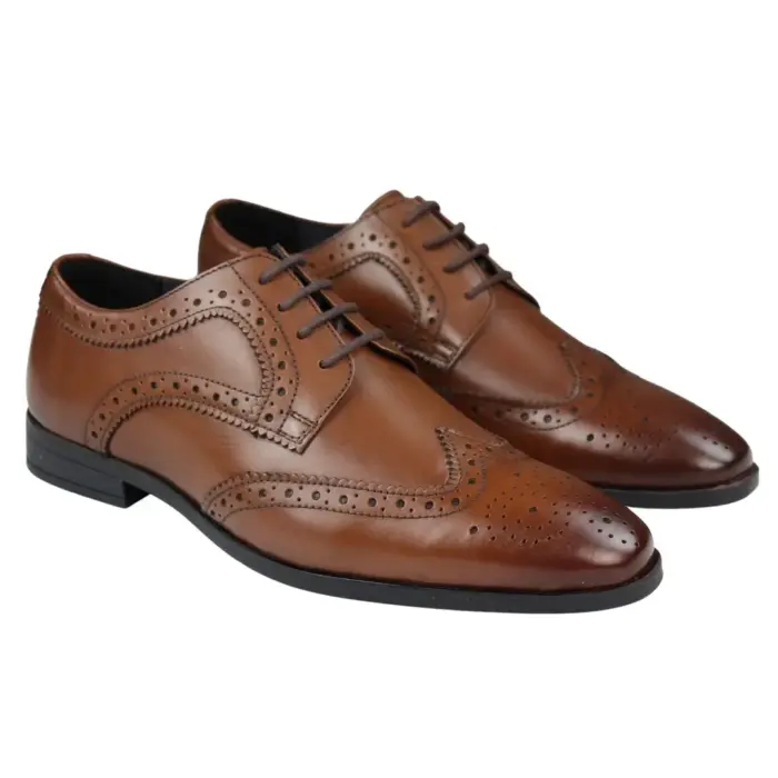 Mens Real Leather Smart Shoes Laced Brogue Shoes Black Brown Classic Gatsby Dress - Image 9