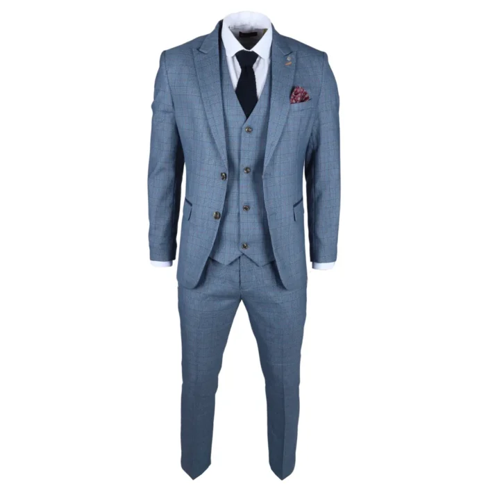 Men's Suit 3 Piece Blue Checked Classic Plaid Tailored Fit Formal Dress - Image 3