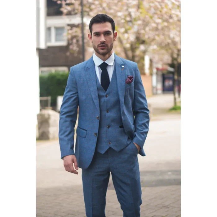 Men's Suit 3 Piece Blue Checked Classic Plaid Tailored Fit Formal Dress - Image 2