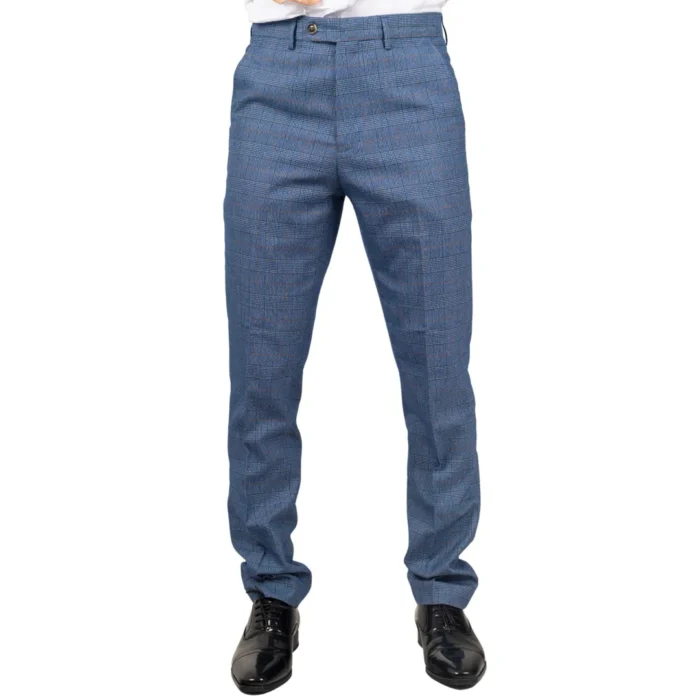 Men's Trousers Blue Checked Casual Formal Pants - Image 1