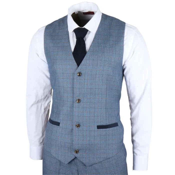 Men's Waistcoat Blue Checked Tailored Fit Vest - Image 1
