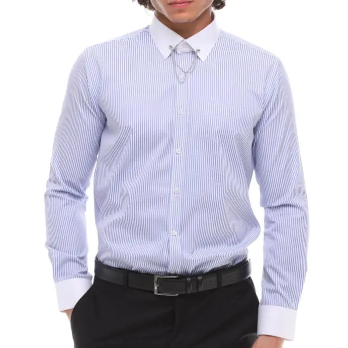 Mens Stripe Button Down Poplin Shirt With Bar & Chain Smart Formal Classic - Image 1