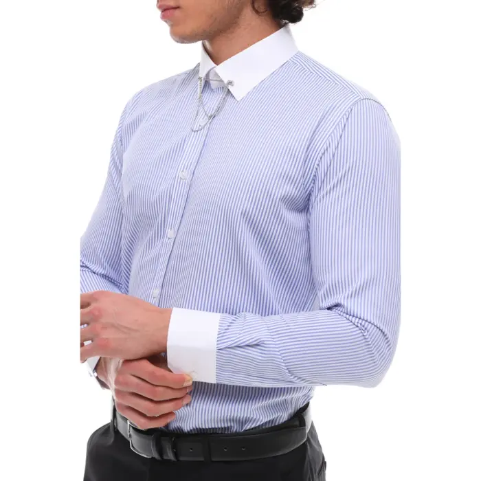 Mens Stripe Button Down Poplin Shirt With Bar & Chain Smart Formal Classic - Image 3