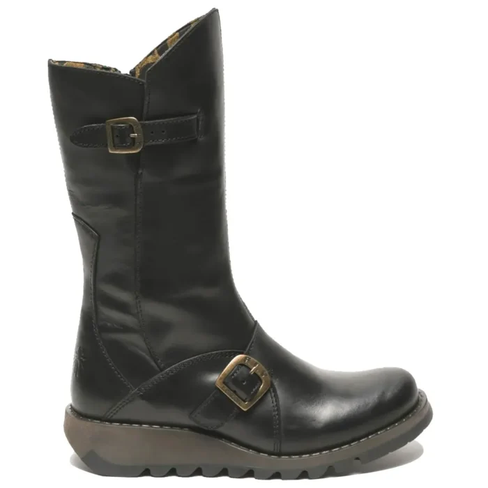 MES2913 - Women's Wedge Heel Buckle Mid Calf Leather Boots - Image 1