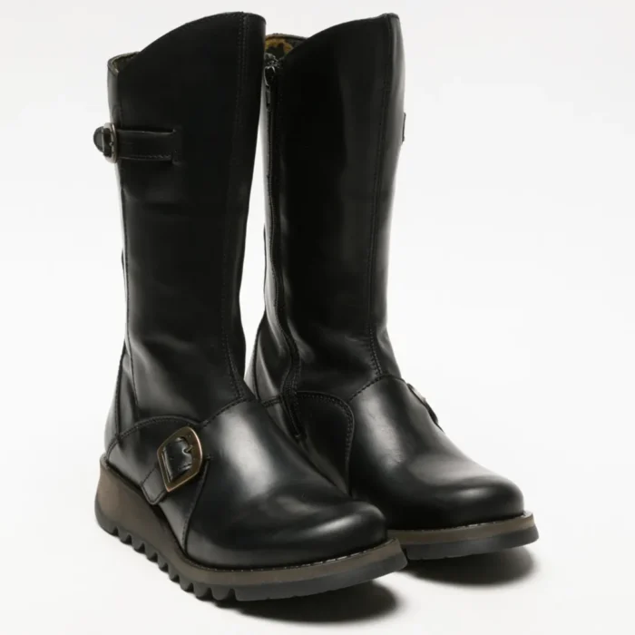 MES2913 - Women's Wedge Heel Buckle Mid Calf Leather Boots - Image 5