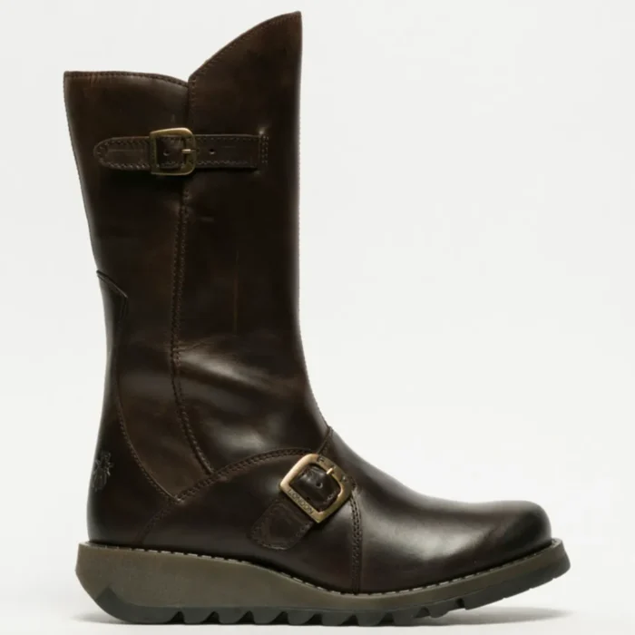 MES2913 - Women's Wedge Heel Buckle Mid Calf Leather Boots - Image 6