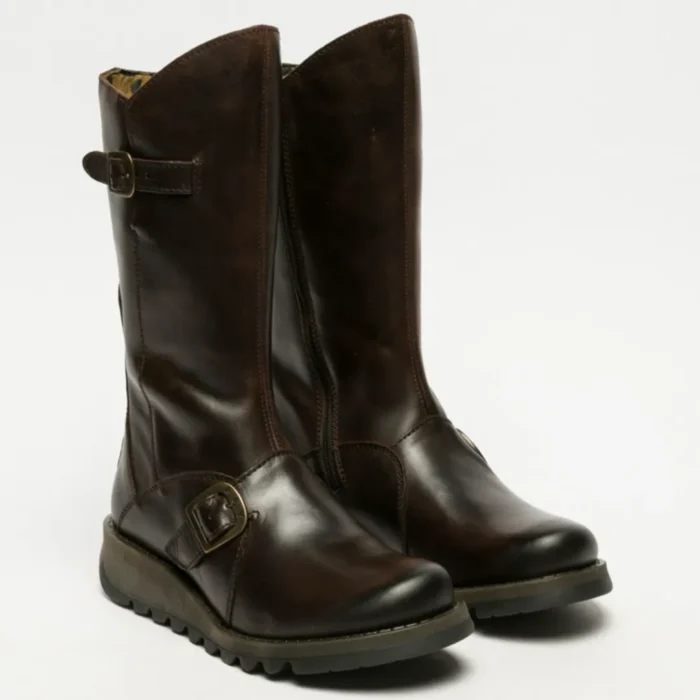 MES2913 - Women's Wedge Heel Buckle Mid Calf Leather Boots - Image 9